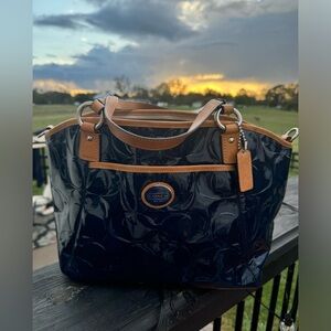 Coach Navy Patent Leather Tote Bag Handbag Purse Laptop Office Vintage